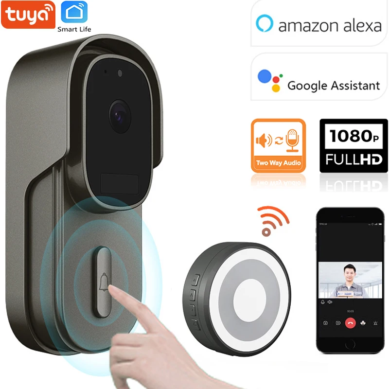 Tuya Video Doorbell WiFi Wireless Wired Door Bell DC AC Battery Powered 1080P 2MP Waterproof with Alexa Google Door bell Camerar