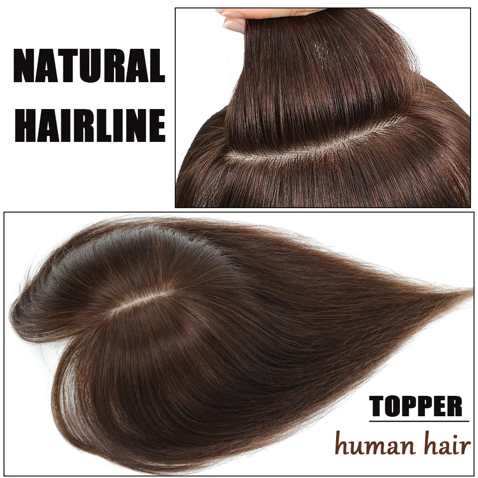 Dazzeal Human Hair Topper For Women Straight Brown Hair Extensions 7x10 8x12 9x14cm Silk Base Natural Hair Topper Cover Thinning