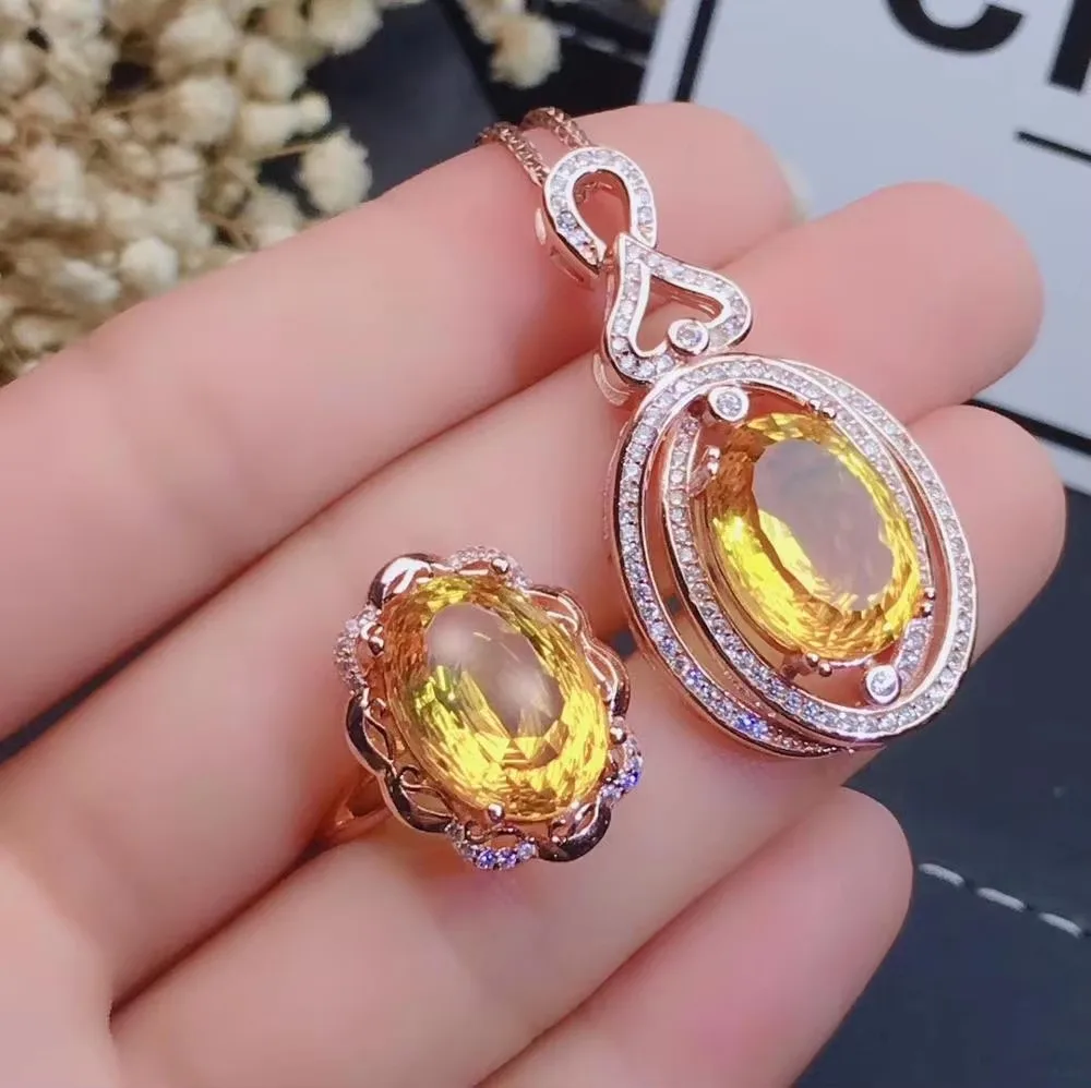 

KJJEAXCMY Boutique Jewelry 925 Pure Silver Natural Yellow Crystal 10x14mm Gemstone Women's Pendant Ring Set Rose Gold Party Birt