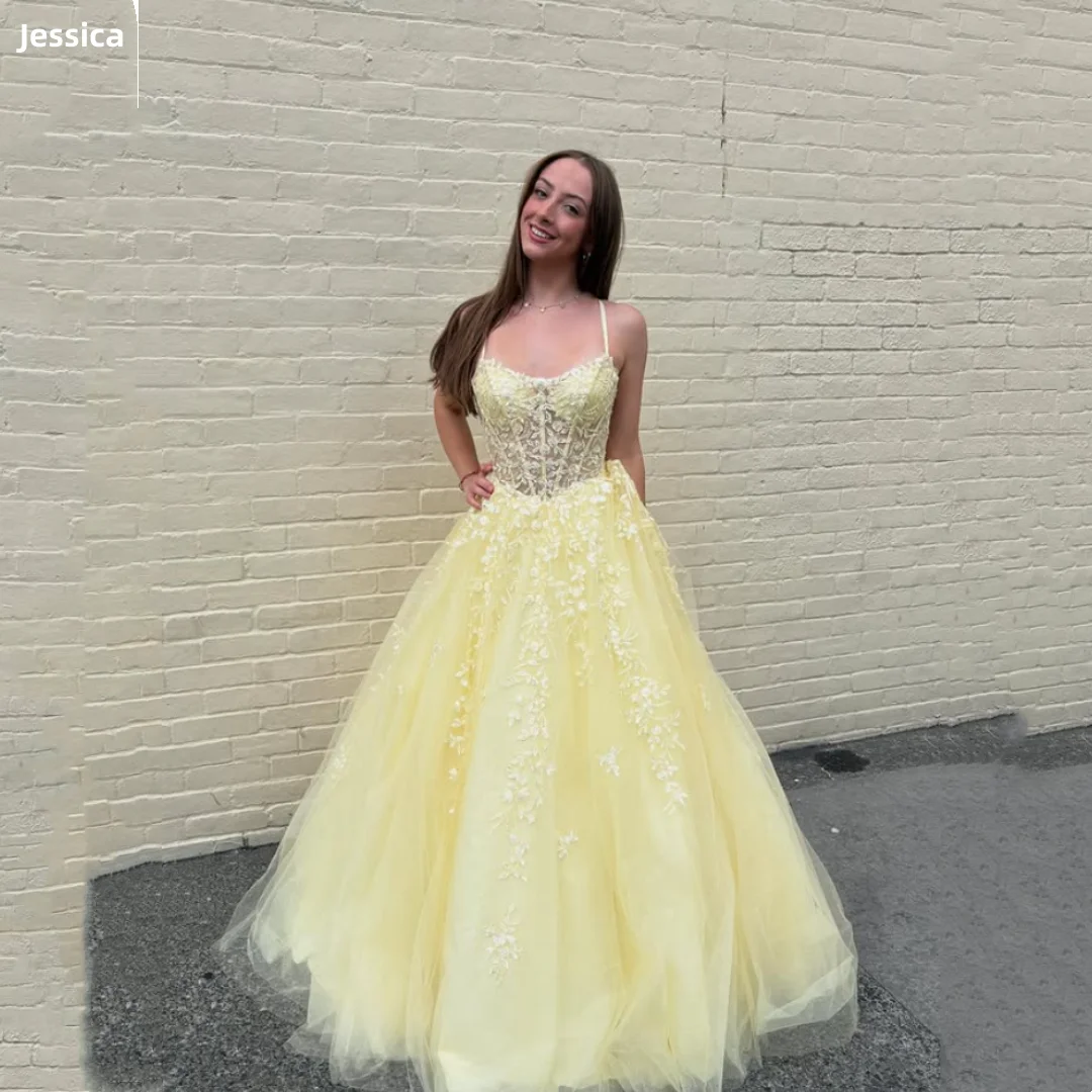 

Jessica Gorgeous Yellow Evening Dresses A-line Princess Prom Dresses Lace Embroidered Tulle Vestidos De Gala Customized