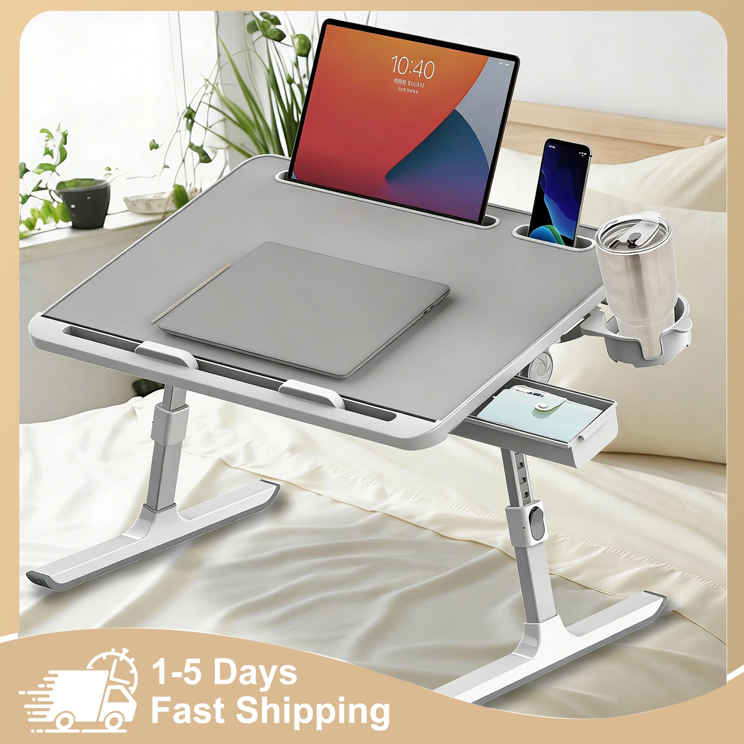 Support d'ordinateur portable pliable, table de lit réglable en hauteur et en angle, charge maximale de 15 kg, tiroir antidérapant, porte-gobelet, portable pour canapé