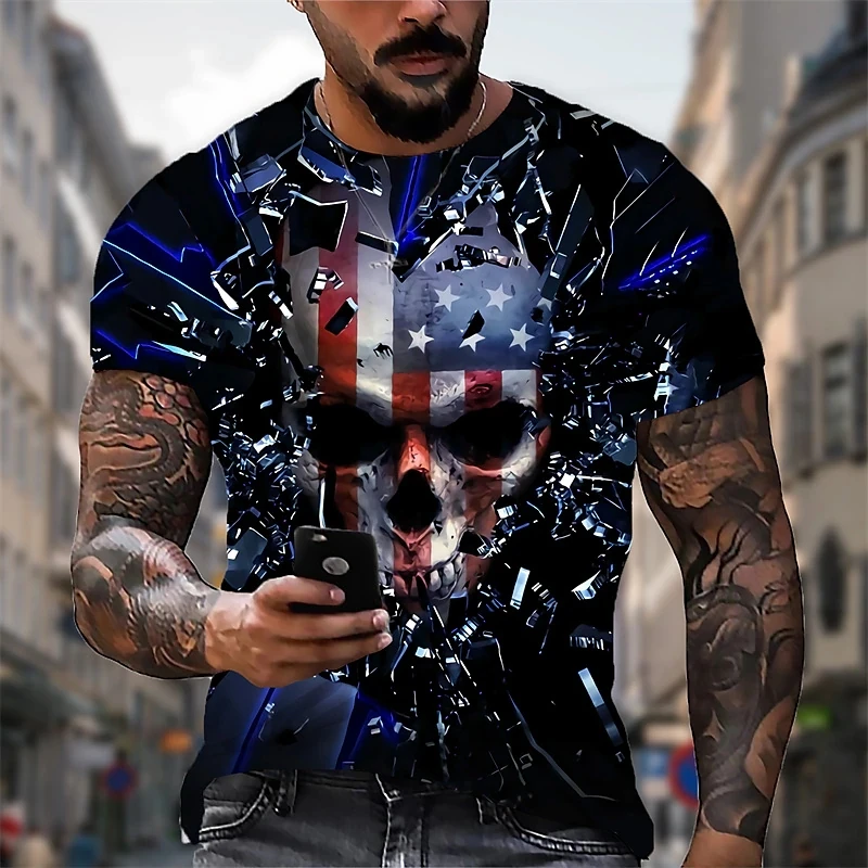 Summer Men\'s T Shirt Horror Skull Head Print 3d T-Shirts Fashion Streetwear Short-Sleeve O-Neck Tees Tops Oversized Man Clothes