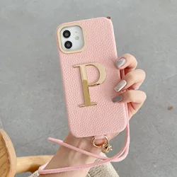 Customiezd Initial Leather Gold Letter Phone Case Lanyard Protective Cover for iPhone17 16 11 12 13 14 15ProMax Premium Luxury