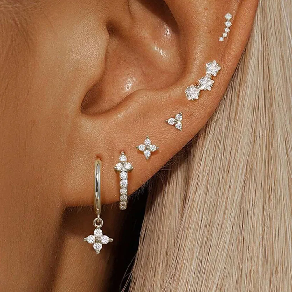 6Pcs Flower Dangle Hoop Stud Stackable Earrings for Women