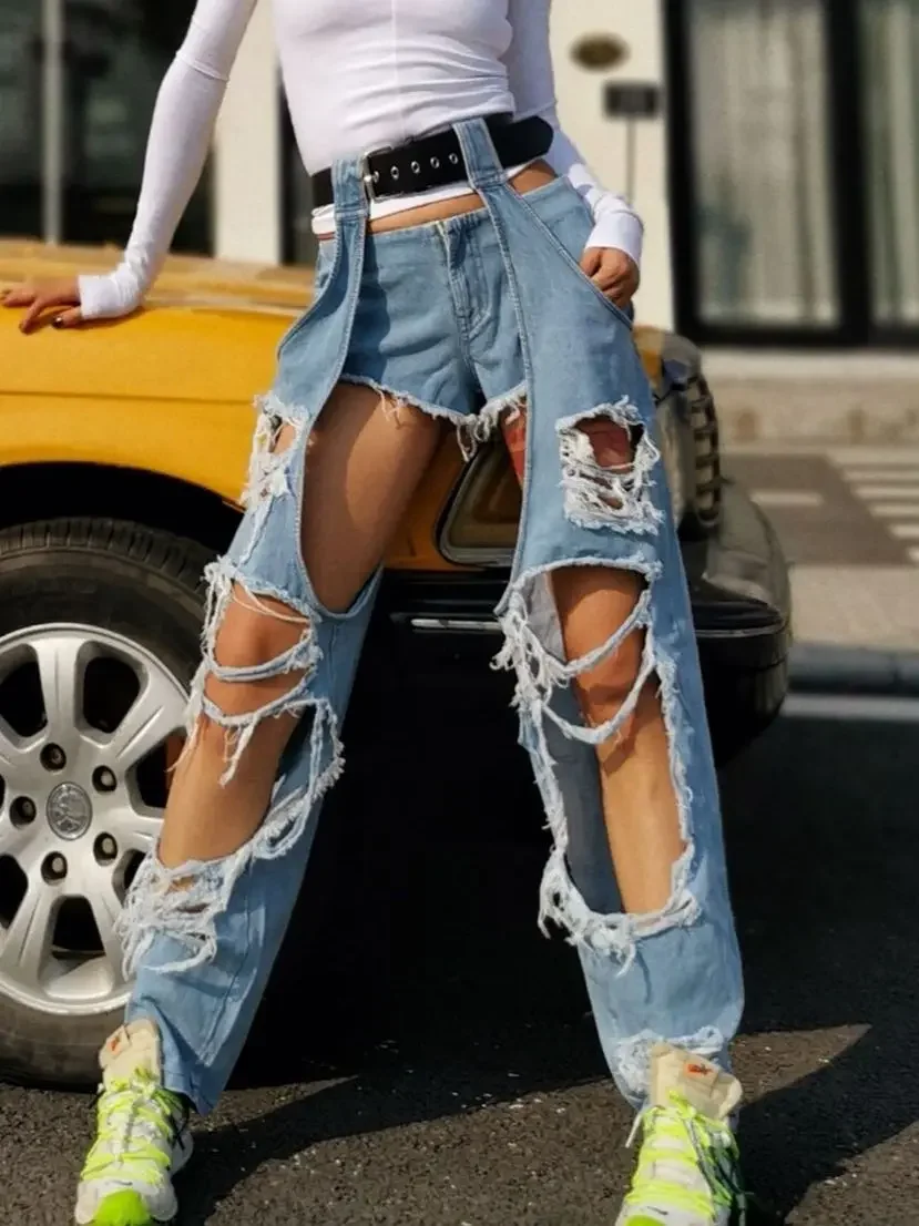 2023 nowa kobieta lato Harajuku spersonalizowane legginsy z paskiem z dziurami dżinsowe spodnie z wysokim stanem Streetwear prosta szeroka nogawki — zdjęcie 2