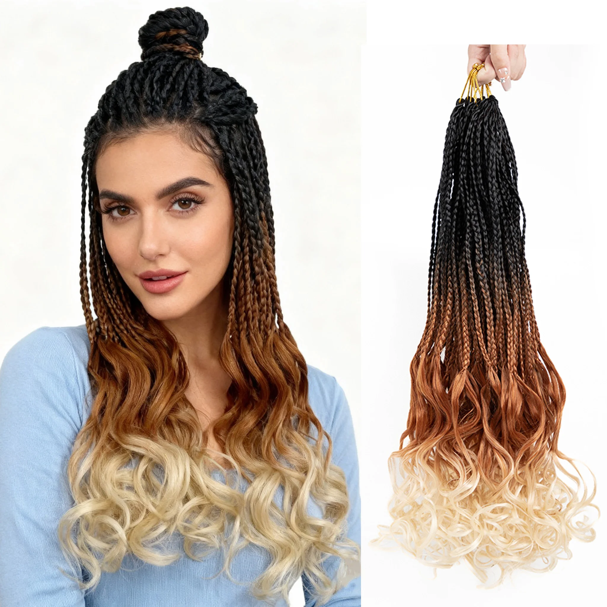 18인치 프렌치 컬 크로셰 브레이드 6팩 옴브레 브라운 블론드 보헤미안 여신 박스 브레이드 곱슬 끝 합성 루즈 웨이브 B