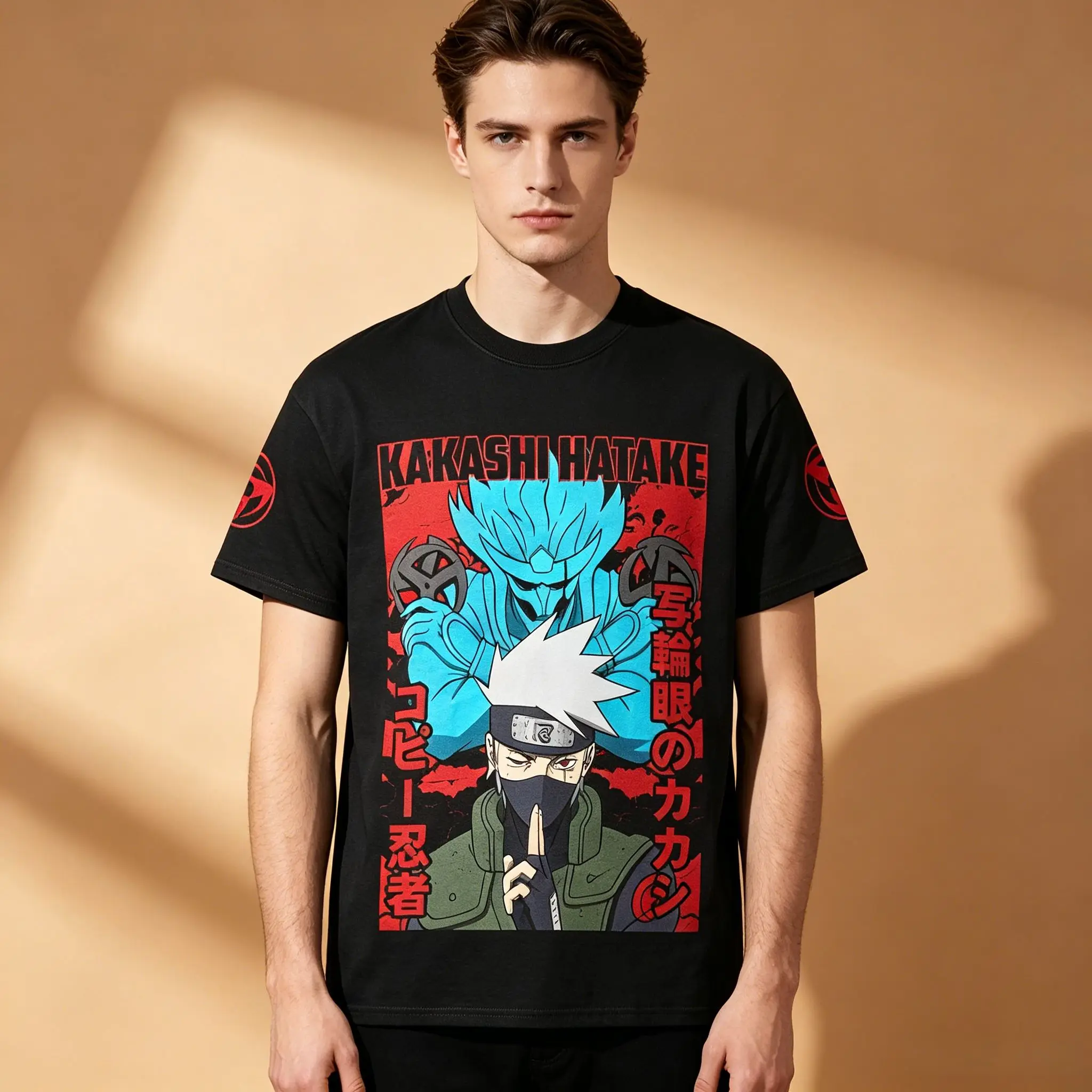 Camiseta Vintage con Gráfico de Naruto Kakashi Hatake Susanoo para Hombre, Camiseta de Manga Corta con Símbolo Sharingan, Estilo Anime Otaku Streetwear