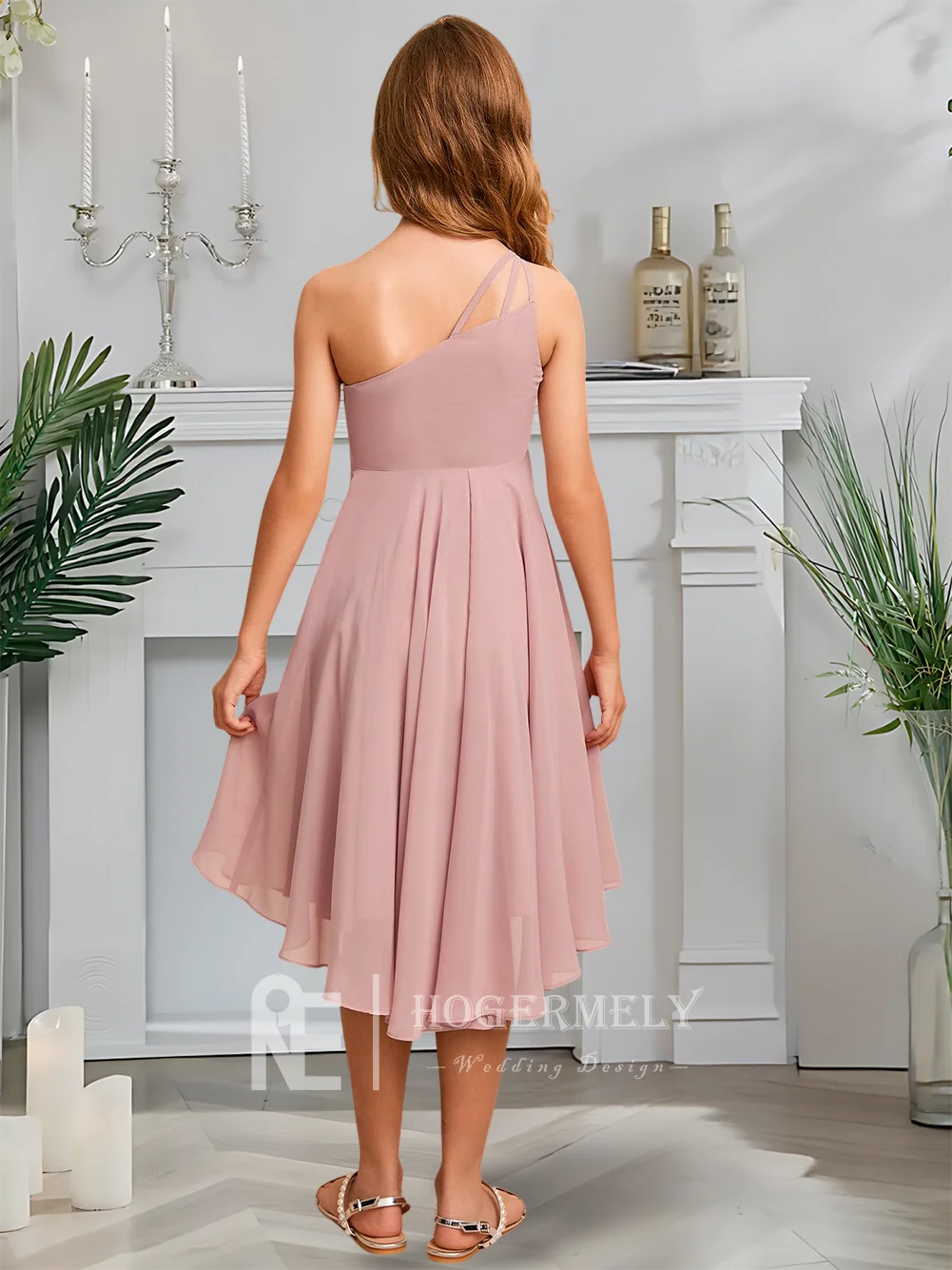 Gaun Pengiring Pengantin Junior B A Line Gaun Gadis Bunga Sifon Panjang Lantai Satu Bahu Ideal untuk Acara Formal Khusus Anak Perempuan