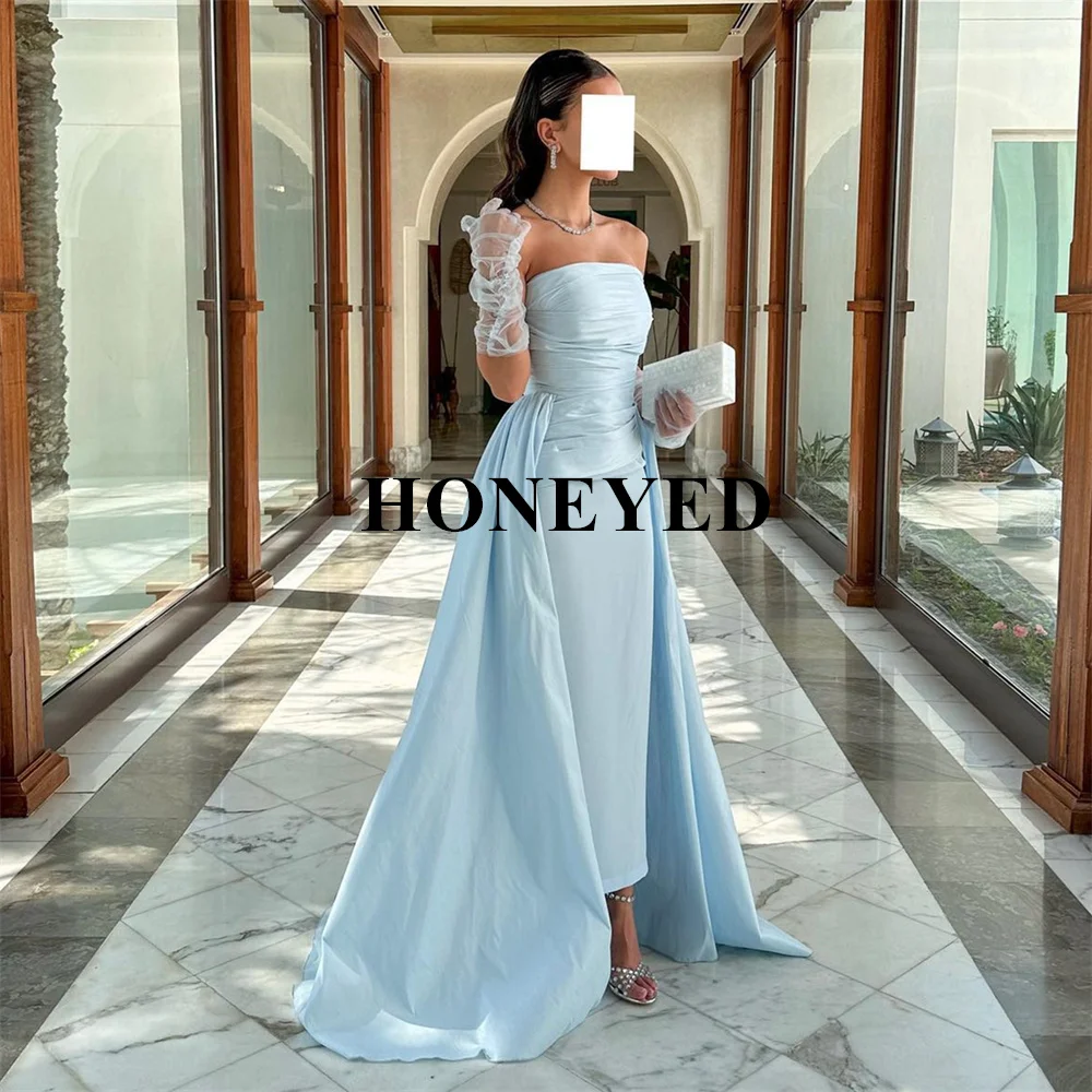 HONEYED Sweet Sky Blue Crepe Strapless Arab Ruffle Prom Gown Ankle Length Saudi Evening Formal Elegant Party Dress for Women