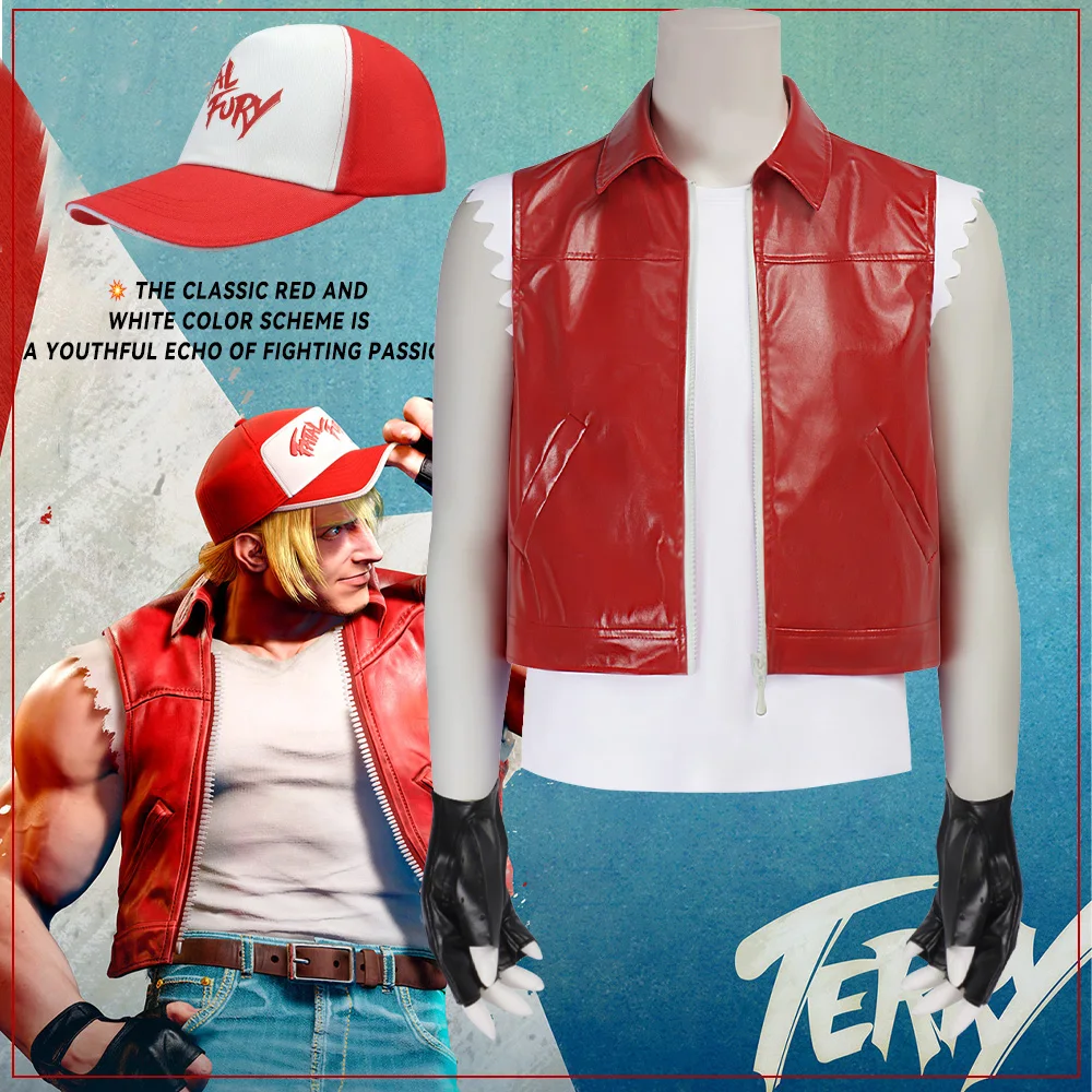 KOF Terry Cosplay Costume Terry Tenue Avec Casquette Fatal Fury Gilet Cuir Rouge Avec Etoile Costume Cosplay Homme