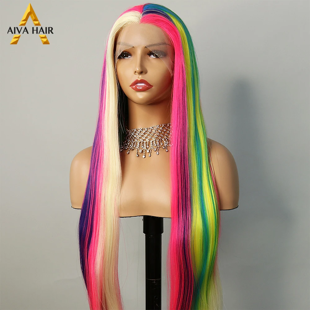 30 Inch 13X4 Lace Front Rainbow Color Synthetic Straight Wig Heat Resistant Drag Queen Cosplay Wigs For Black Women Pre Plucked