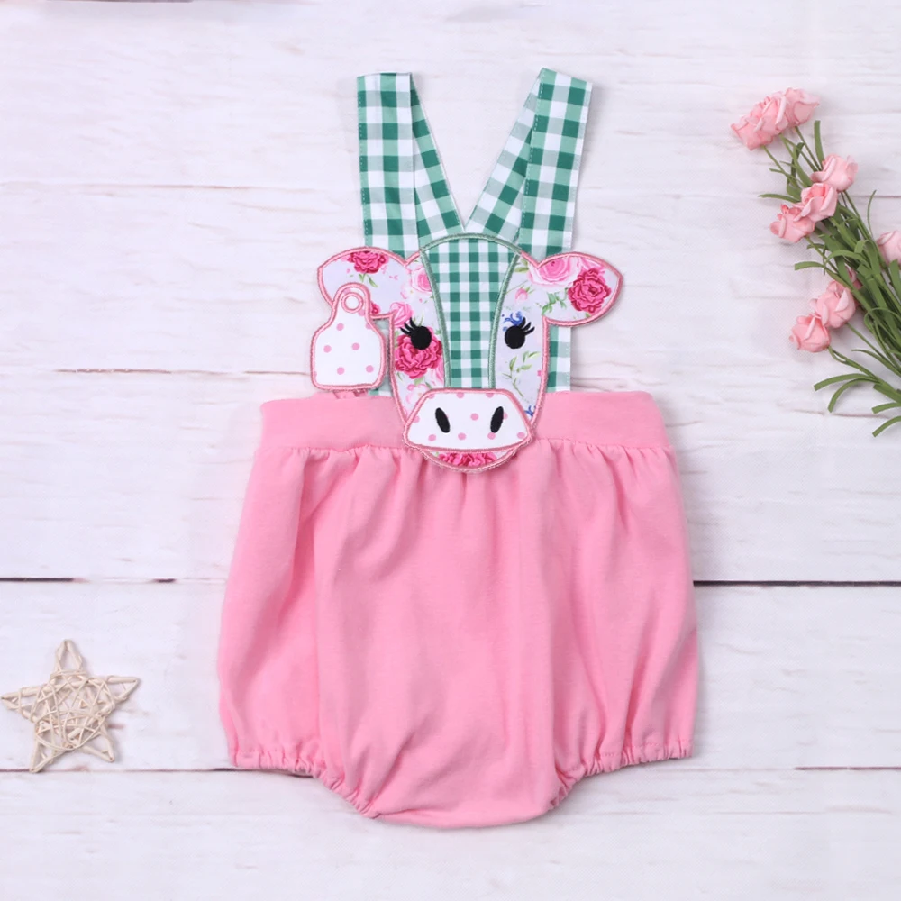 

2023 Fashion New Summer Green Lattice Sleeveless Baby Girl Jumpsuit Cow Embroidery Pink Bodysuit One-Piece Clothes