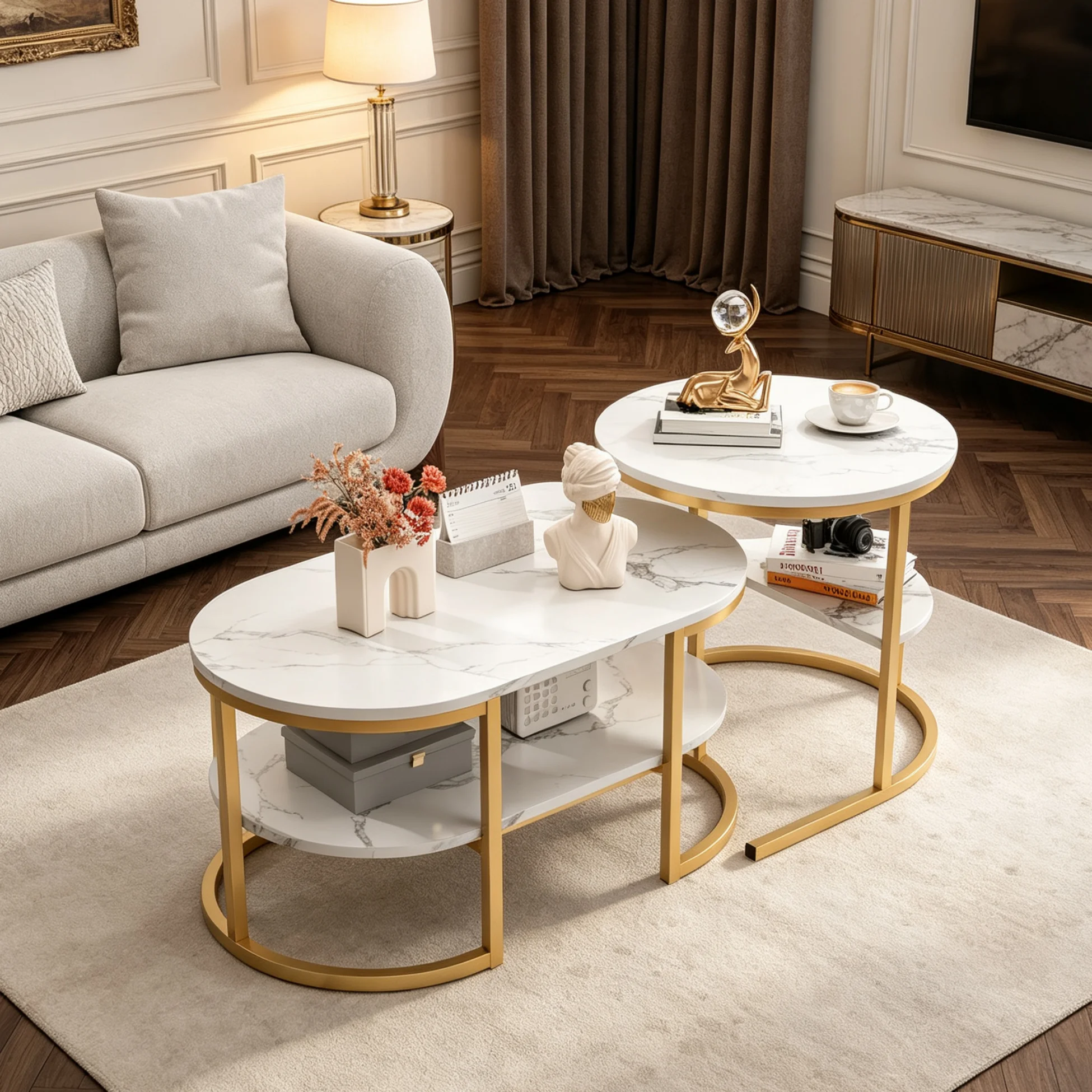 Set di 2 tavolini da caffè rotondi Simurq, set di tavolini laterali 2 in 1, tavolino da divano con struttura in metallo e piano in marmo, ideale per soggiorno, camera da letto, ufficio, balcone,