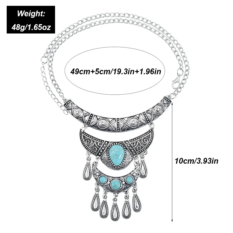 Vintage Ethnic Multilayer Water Drop Tassel Statement Necklaces for Women Boho Blue Beads Carved Silver Color Necklaces Jewelry