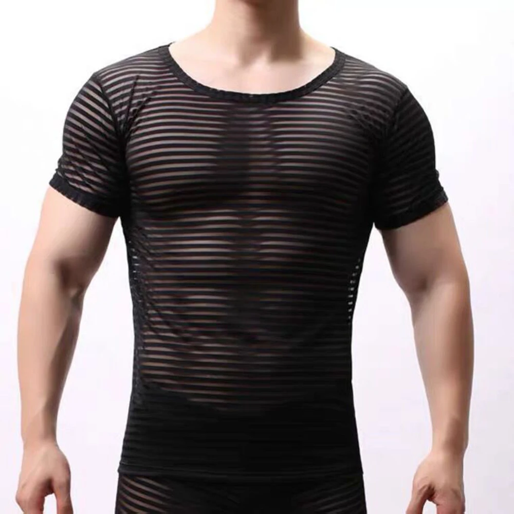 Men Sexy See-Through Mesh Shaping Striped Short-Sleeve T-Shirt 2024 New Nightclub Fitness Tight Home Lightweight Pajamas For Men