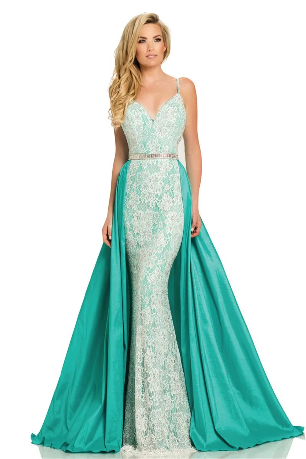 Sleeveless V-Neck Double Strap Lace Mermaid Evening Dress Removable Train with Belt Women's Formal Occasion Elegant Dress2023