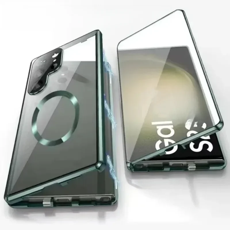 Metalowe, dwustronne etui z magnetycznym zamknięciem, kompatybilne z MagSafe, do Samsung Galaxy S26, S25, S24, S23 FE, S22 Ultra, z szklaną osłoną chroniącą obiektyw. — zdjęcie produktu 7