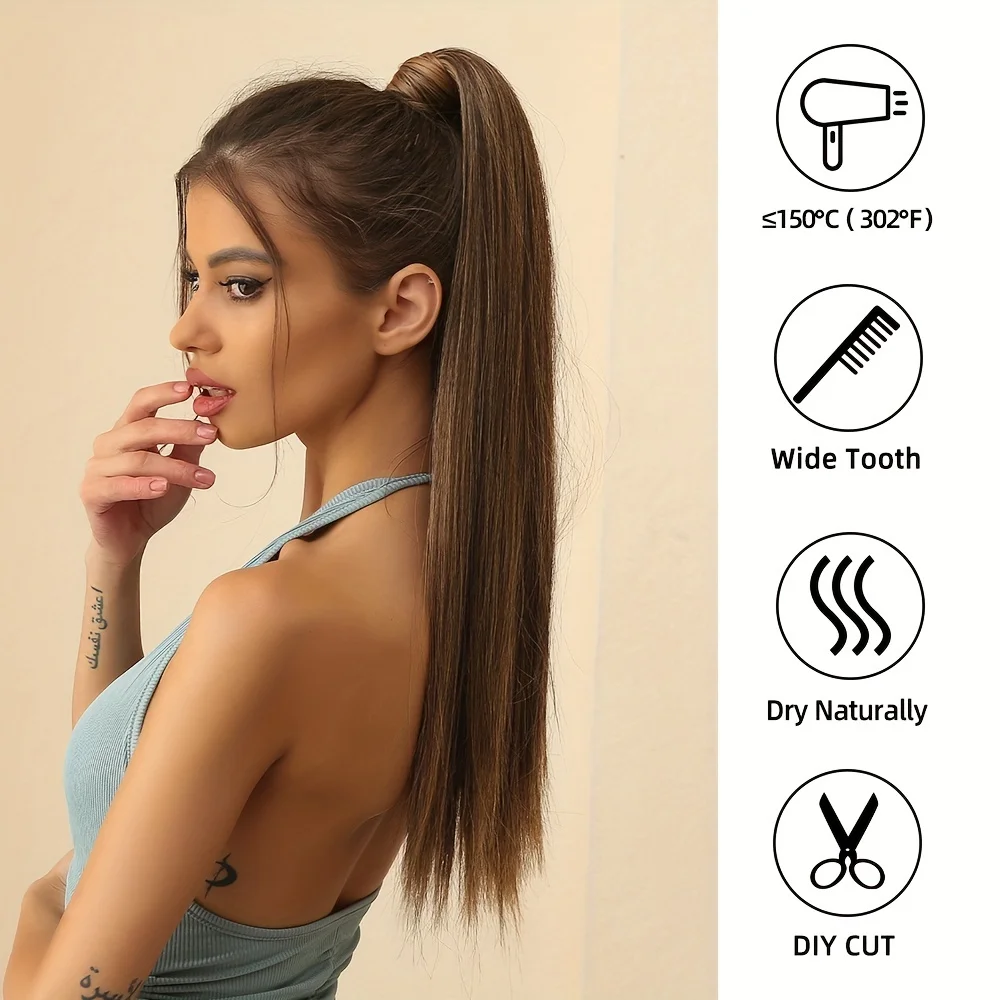 Esin-Queue de cheval longue et droite avec cheveux, extensions de cheveux synthétiques, aspect naturel, élégantes, accessoires pour cheveux, utilisation 03