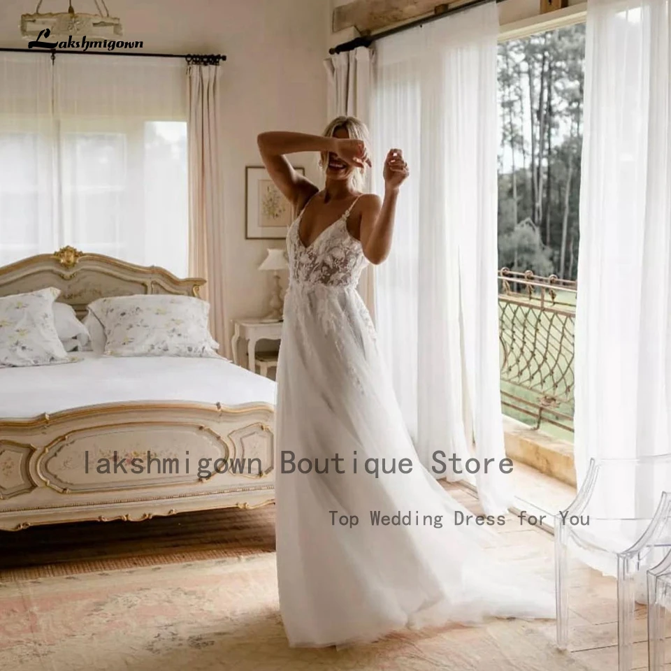 Lakshmigown Flowy White Beach Tulle Wedding Dress Summer 2023 Robe Femme Chic Bridal Boho Wedding Gowns Spaghetti Strap