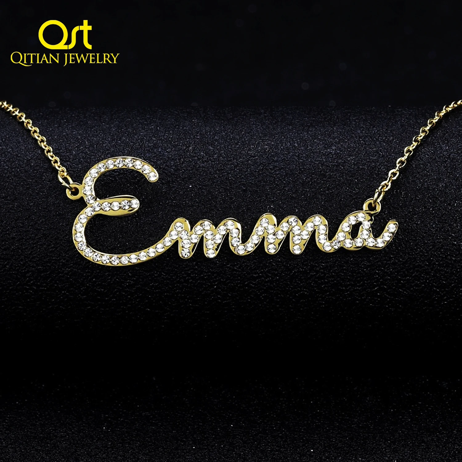 Qitian Personalized Name Necklace CZ Crystal Name Chain Iced Out Zirconia Necklaces Customized Necklace Jewelry For Women Gift