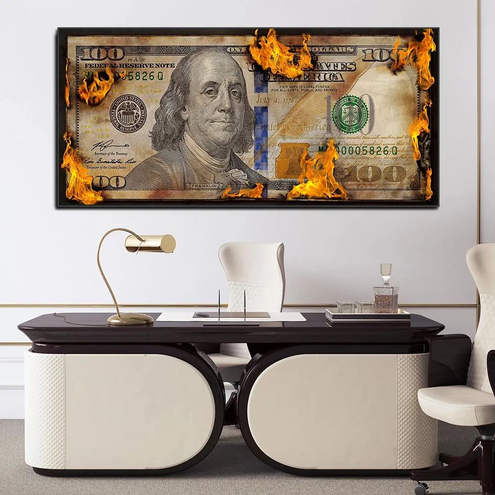 Burning Dollar Decor Painting Design Money Canvas Art Office Bedroom Decor Motivational Wall Art Franklin Posters Prints Murals