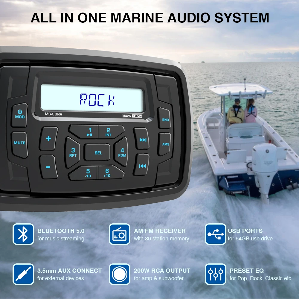 AKAMATE Marine Stereo Boat Radio FM AM MP3 Media Player Wodoodporny odbiornik Bluetooth USB AUX EQ dla UTV ATV SPA RZR IPX5