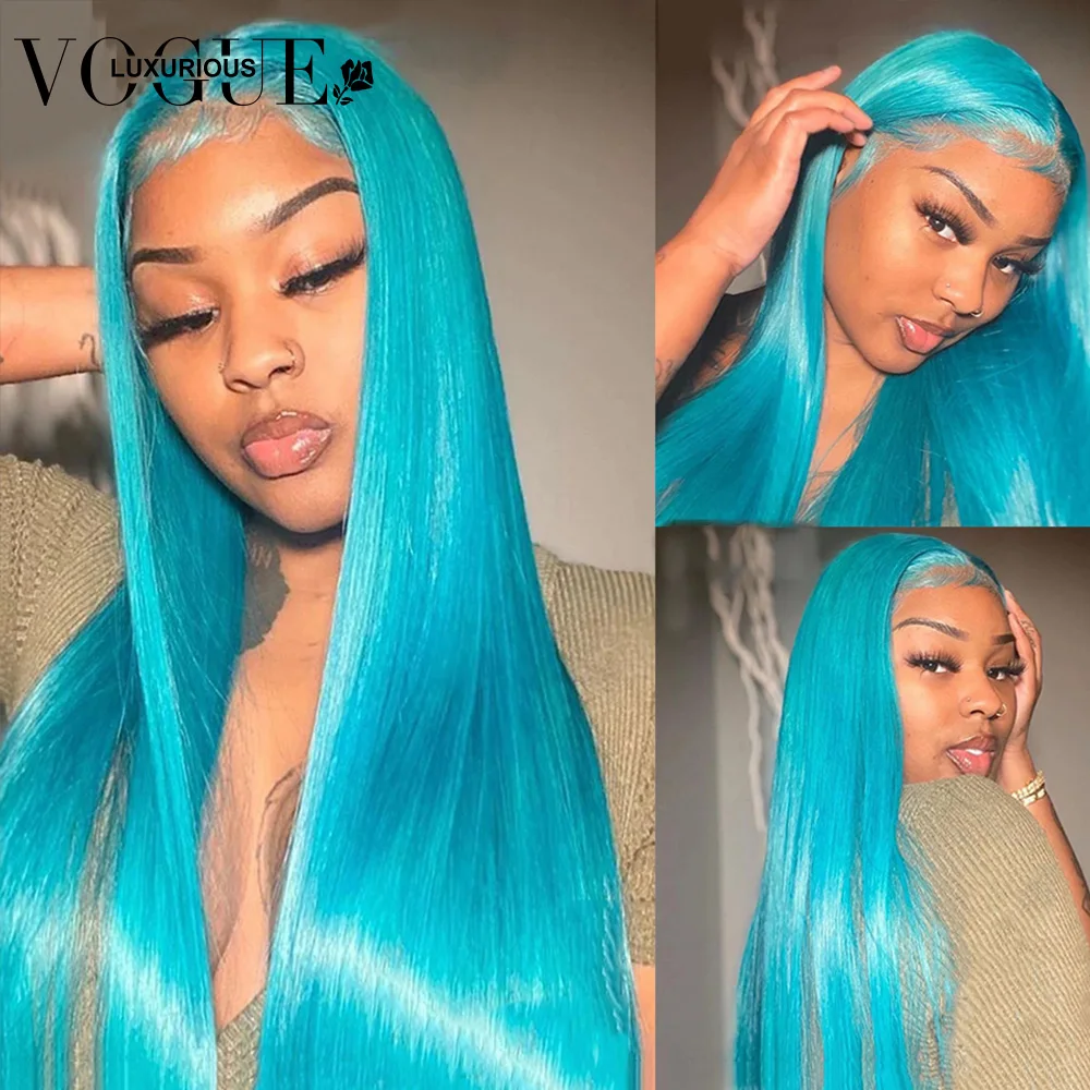 Wig rambut manusia depan renda transparan 13X4 lurus Wig rambut manusia berwarna biru danau muda Remy Brasil dijual Wig depan telah ditanami