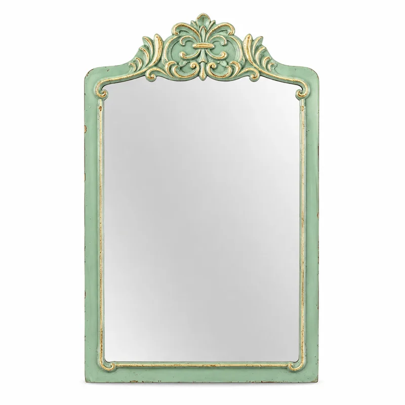 French Vintage Wall Mirror Ornate Carved Distressed Green Gold Frame Accent Mirror for Entryway Bedroom Bathroom Home Decoration