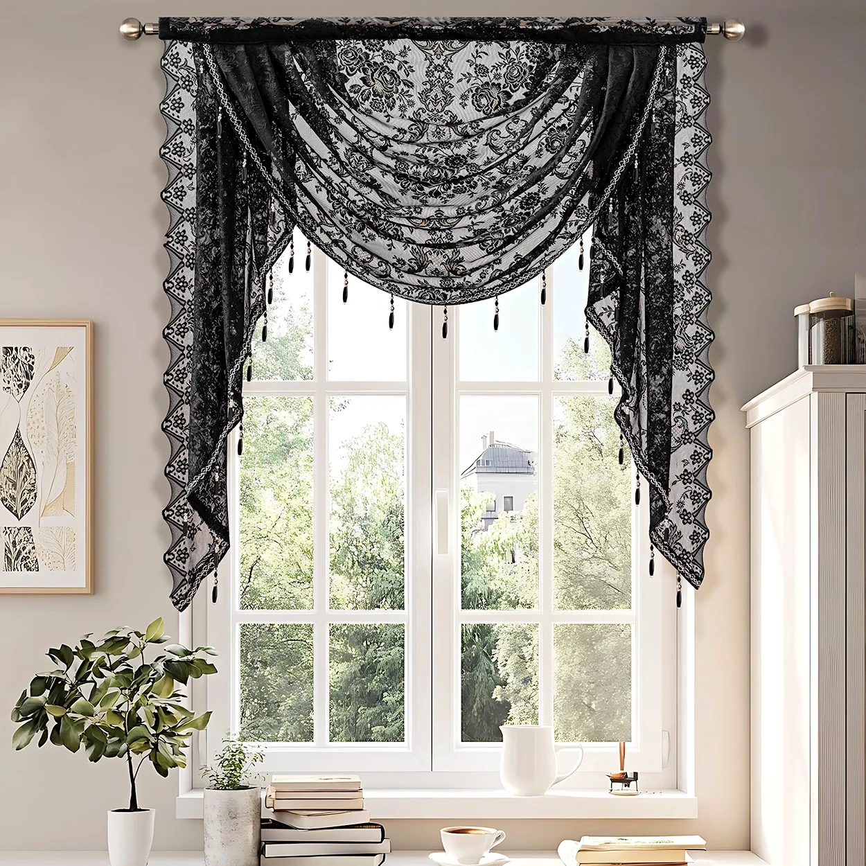 1PC Light Luxury Vintage European Lace Sheer Valance, Top Rod  Pocket Hanging, Polyester, Tassel Design, for Bedroom, Living  Ro