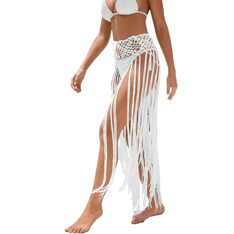 Traje de baño de ganchillo de cintura alta para mujer, falda Sexy ahuecada con cordones, Bikini de punto con parte inferior de borla larga, traje de baño