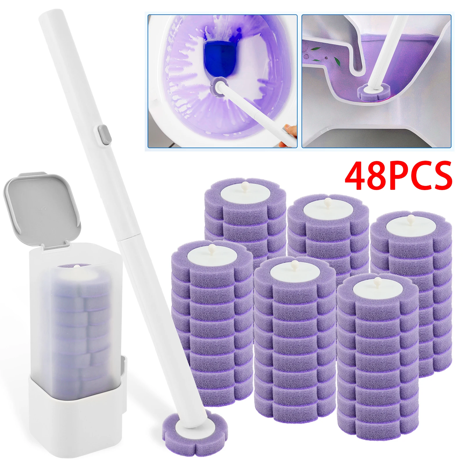

Набор одноразовых туалетных ёршиков и держателей с 48 сменными насадками, эффективный настенный комплект для чистки унитаза, инструмент для уборки ванной комнаты