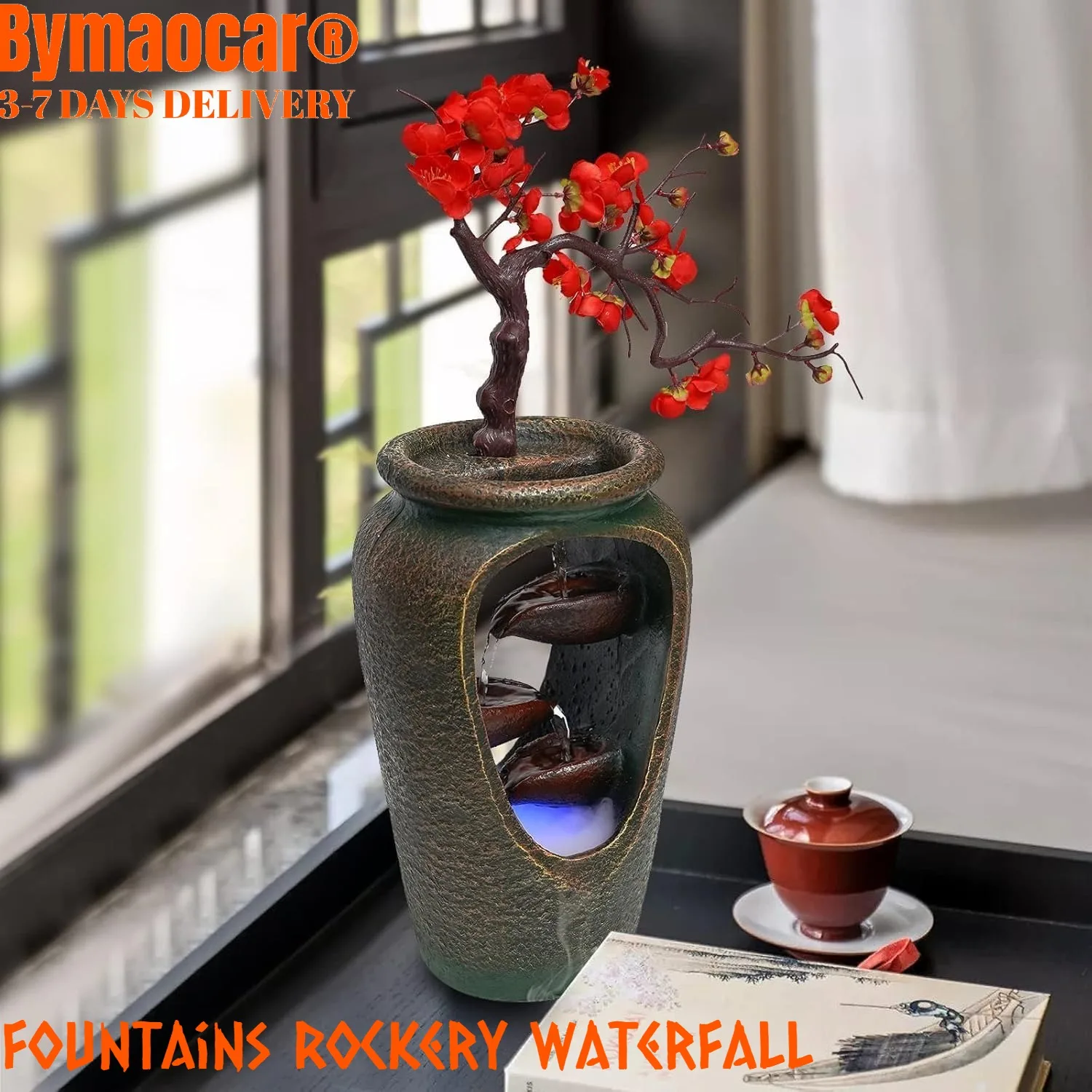 

Indoor Waterfall Fountain, Plum Blossom Vase Style Bonsai Tabletop Decor with Humidifier and Multi-Color LED for Cafe, Office