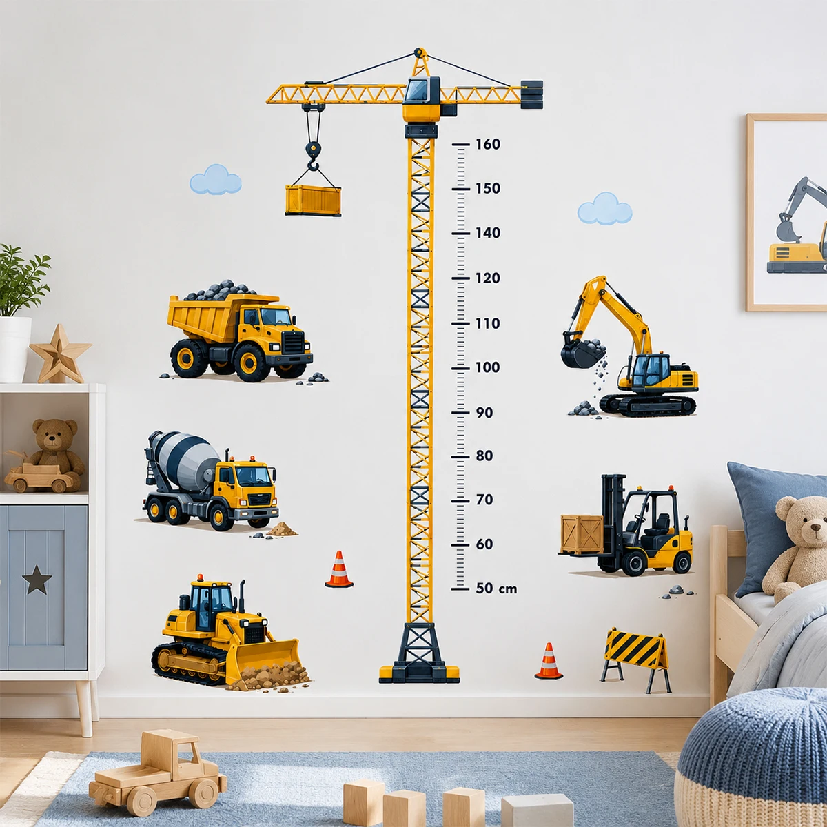 Construction Vehicle Height Chart Wall Decal Kids Room Wall Sticker Truck Excavator Crane Growth Chart Nursery Bedroom Decor