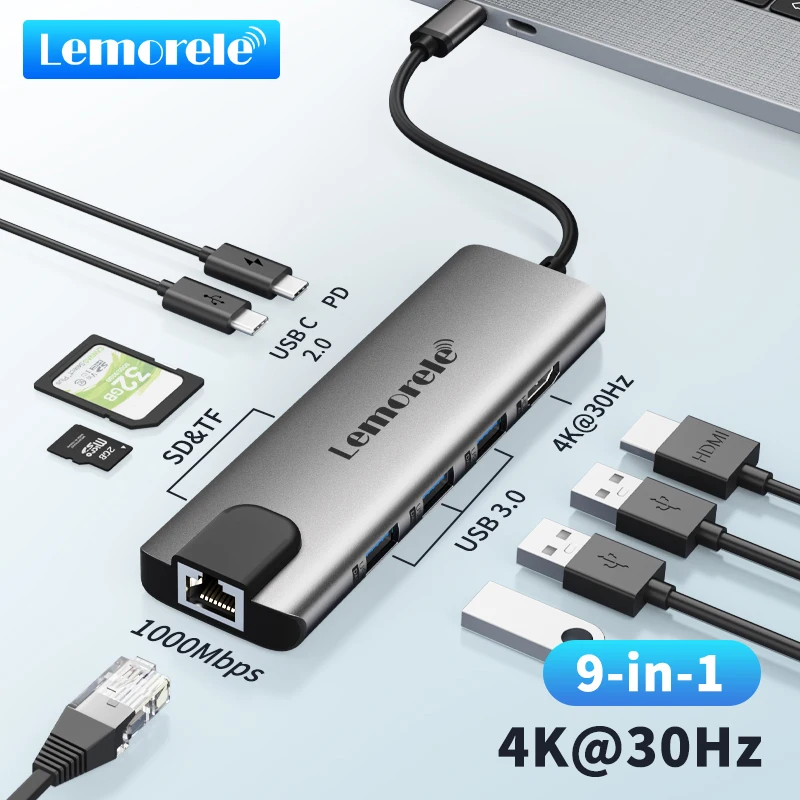 Lemorele TC39 9-in-1 Docking station USB 3.0 hub Type C HDMI adapter USB C 3.0 5Gbps PD powderd for windows MacOS laptop Apple
