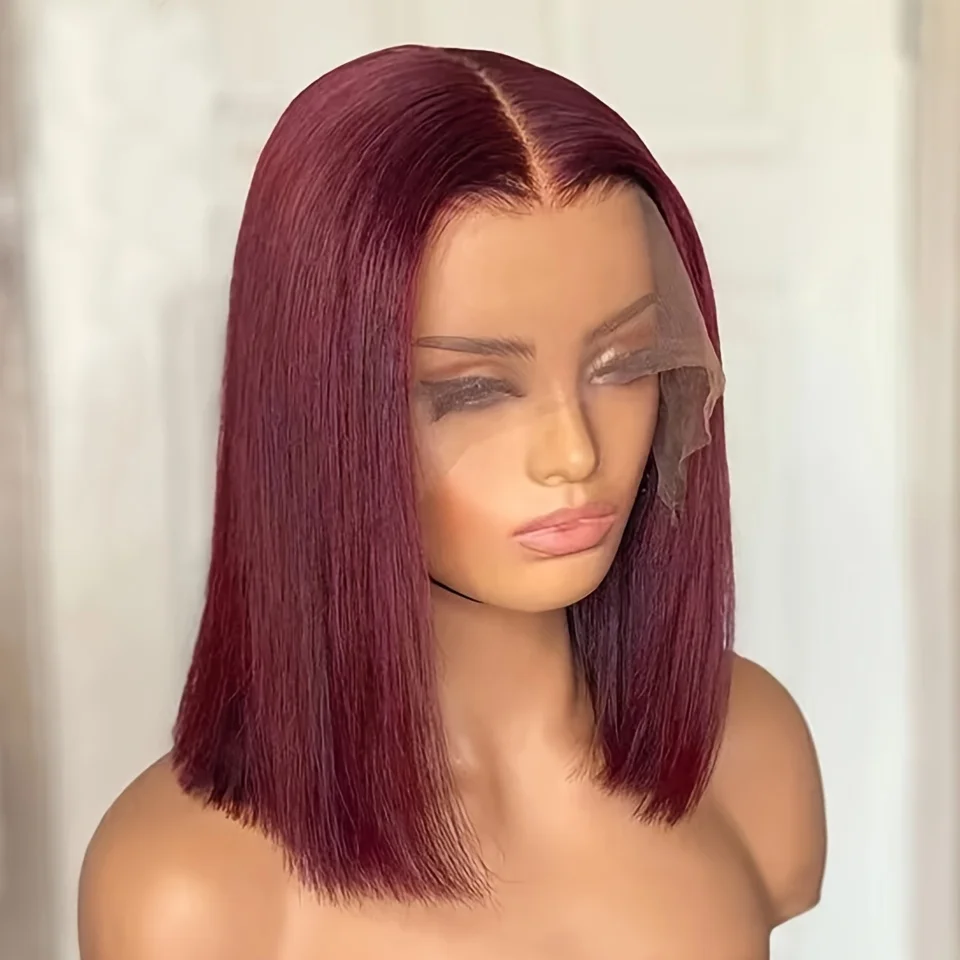 Peluca de cabello humano liso para mujer, postizo de encaje frontal transparente, color rojo borgoña, HD, 99J, 13x4, predesplumada