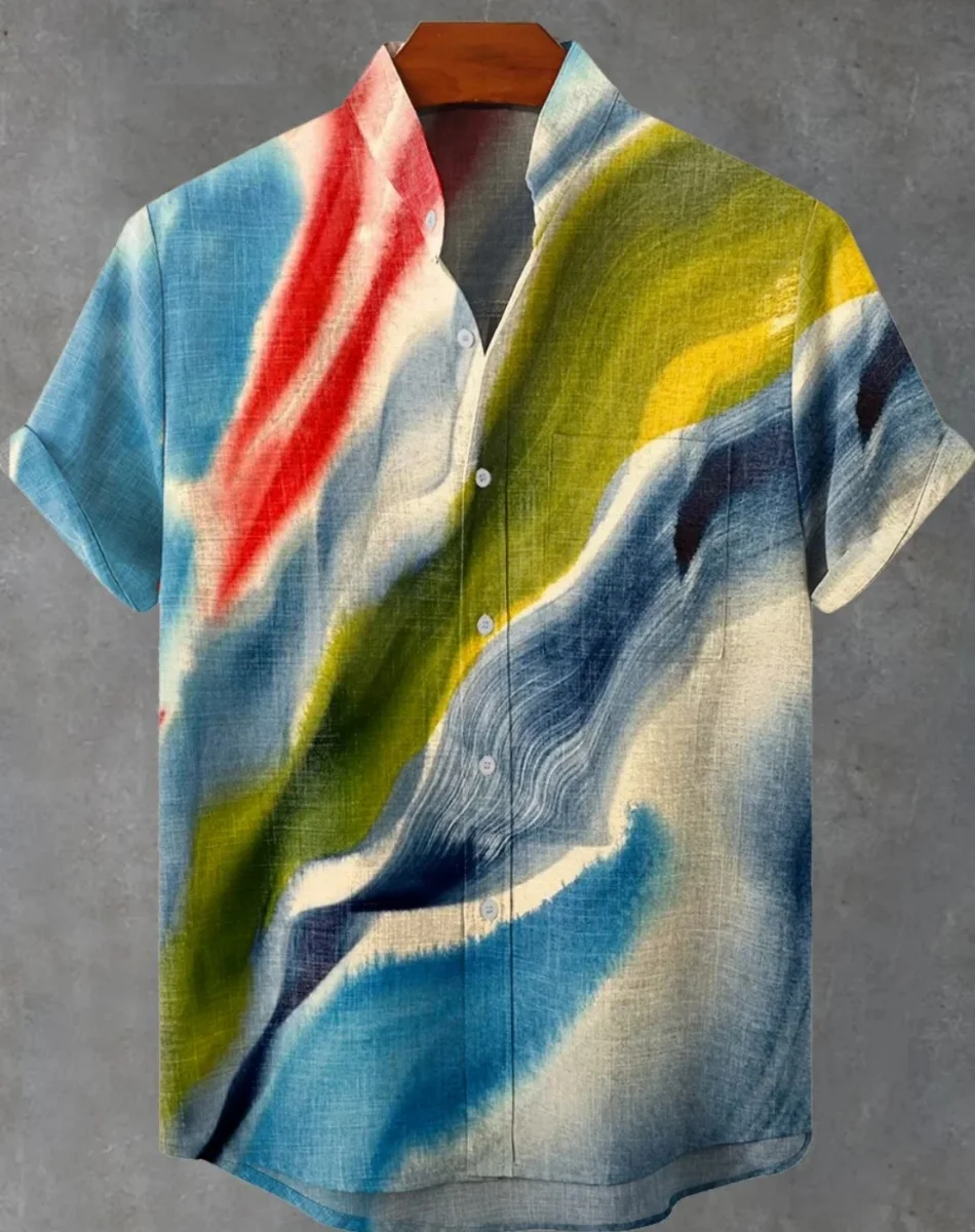 男性用リネンカジュアルシャツ、ボタン付きトップ、半袖、プリント柄、フェスティバルスタイル、ヴィンテージスタイル