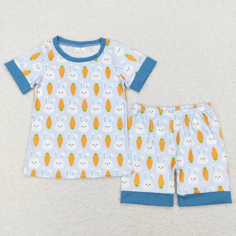 Summer Fashion Baby Girls Boys Easter Carrot Rabbits Shirt Top Shorts Pajamas Sibling Suit Wholesale Boutique Kids Clothes Set