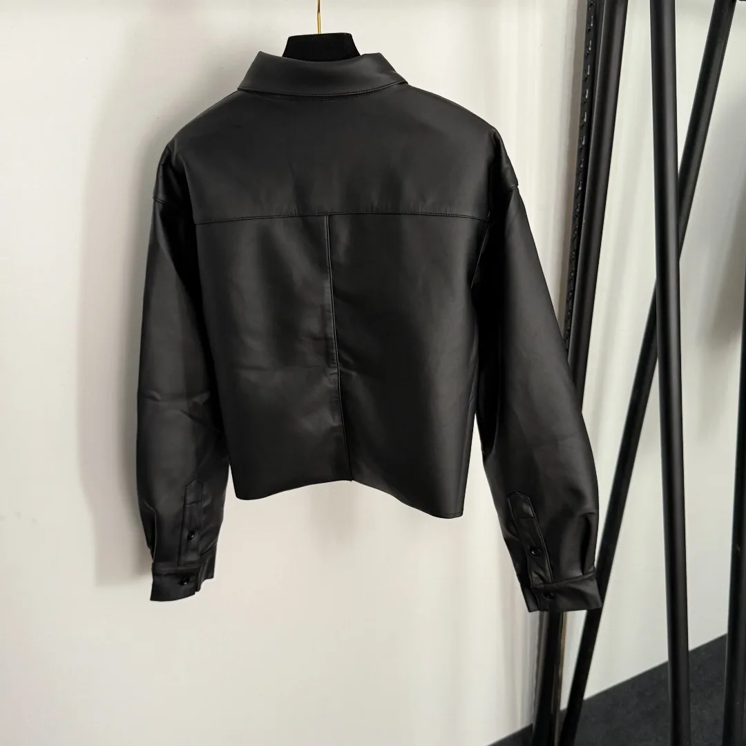 

2025 Autumn Must-Have! Solid-Color Long Sleeve Leather Coat with Embroidered Collar - Stylish & Durable, Perfect for Casual & Ni