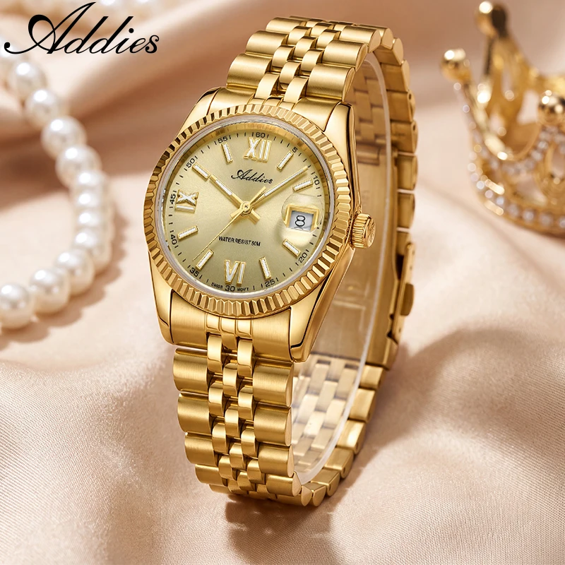 ADDIES Quartz Watch for Women 28mm Swiss 585 Movement Stainless Steel Woman Watches 50m Waterpoof Luminous Business Wristwatch