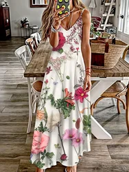 Hawaii Seaside Vacation Sexy V-neck Suspender Dress Fresh Flower Print Street Fashion Sexy Party Dinner Long Evening Dress