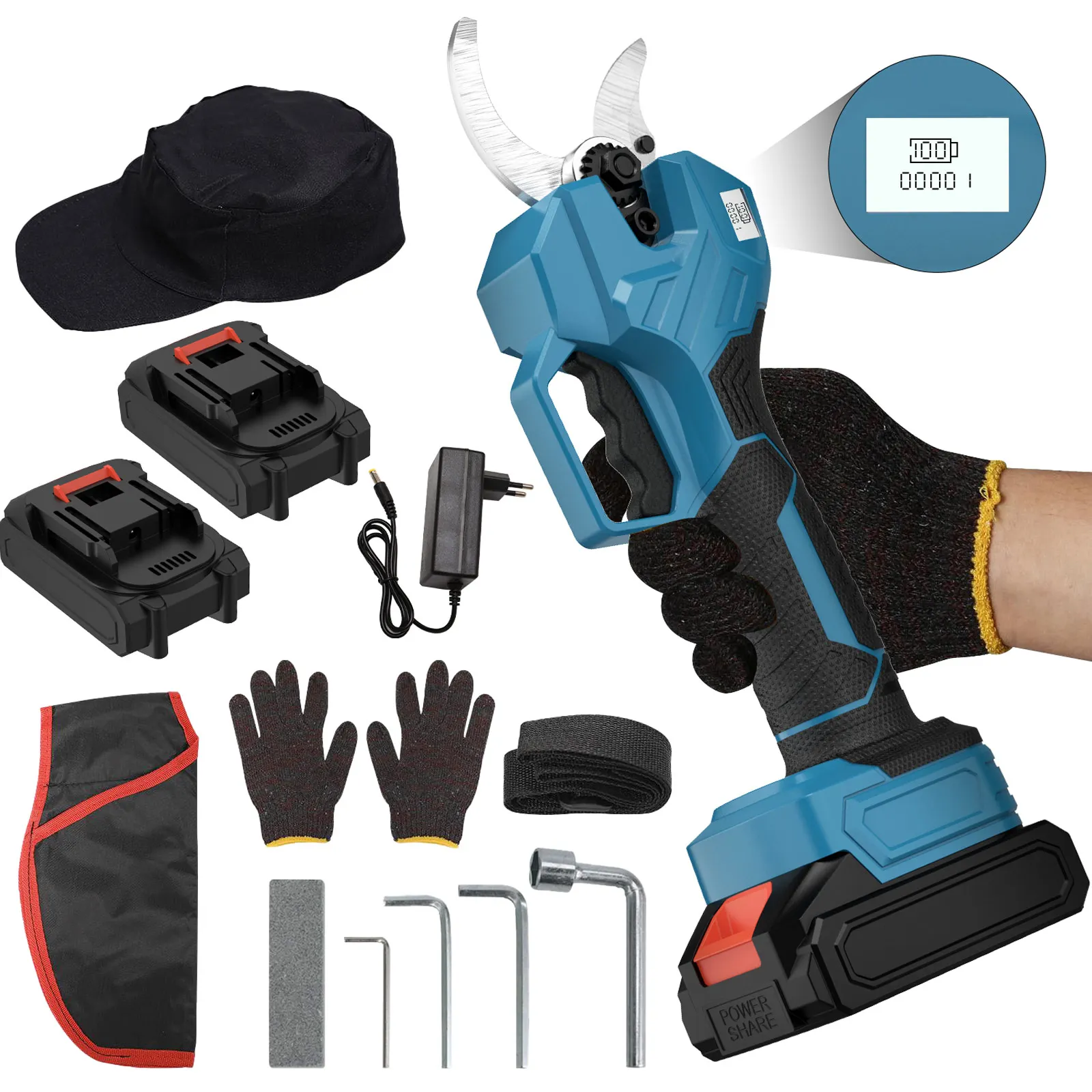 1000W 40mm Brushless Electric Pruner Pruning Shears Fruit Tree Bonsai Pruning Branches Cutter Power Tool With 2pcs 21V Battery