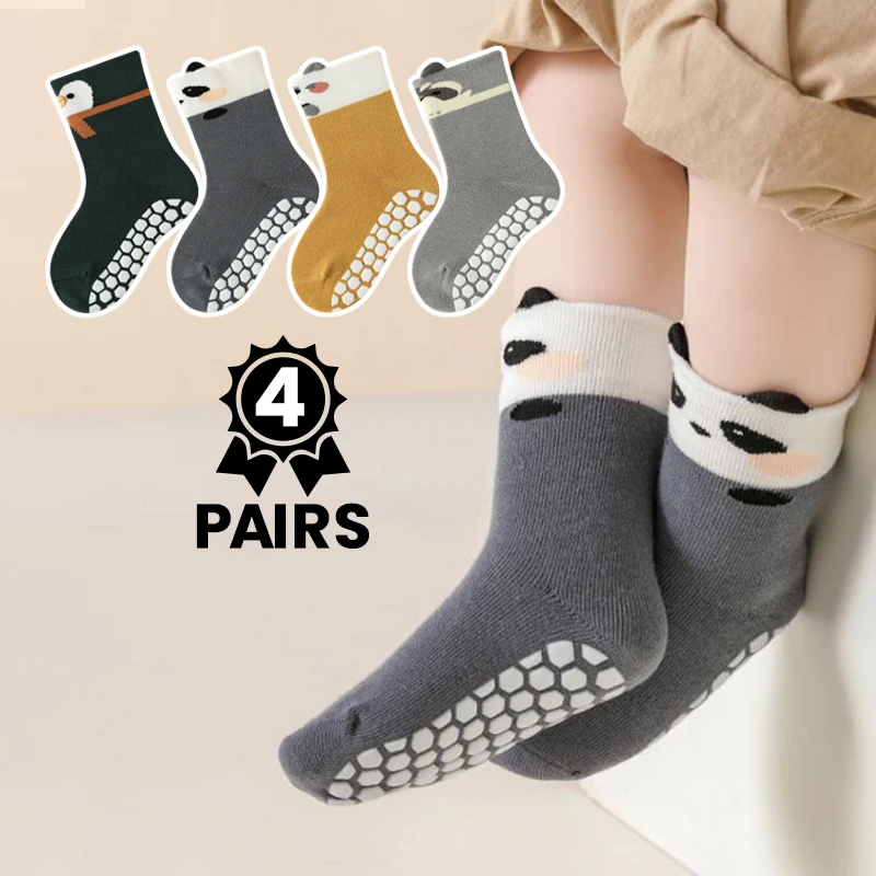 4 Paar niedliche Panda-Cartoon-Kindersocken, rutschfeste Baumwoll-Bodensocken für Kleinkinder, Jungen und Mädchen, weiche, atmungsaktive, rutschfeste Innensocken