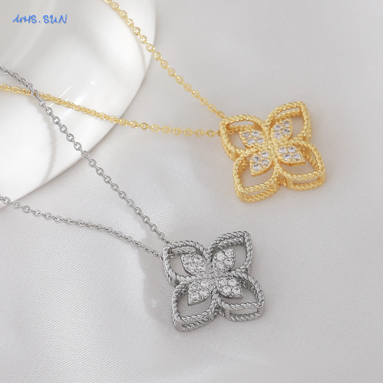 SUNSLL مكعب زركونيا أربع أوراق البتلة قلادة القلائد للنساء الفتيات مطلية بالذهب زهرة المختنق سلسلة مجوهرات هدايا 1 قطعة #6