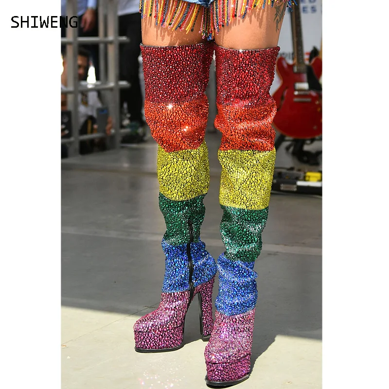 

Женские ботфорты на платформе, Сапоги выше колена на очень высоком каблуке, украшенные стразами, большие размеры 2022-44, 335