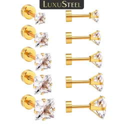 LUXUSTEEL 5Pairs/Set Mix Size CZ Earrings Women Men Gold Color Stainlesss Steel Square Crystal Zircon Screw Stud Earring 3-7mm