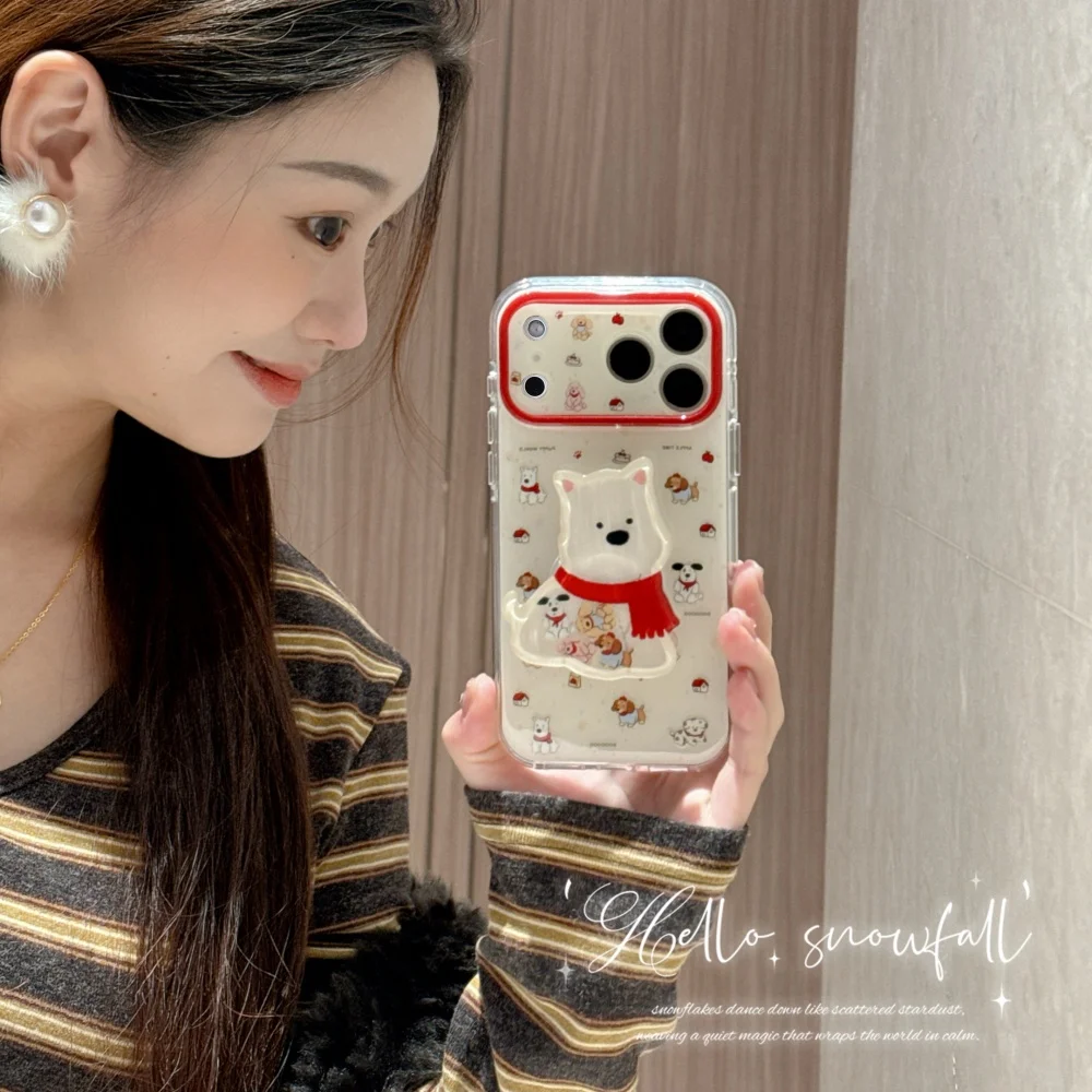 

Cute cartoon scarf puppy holder phone case for iPhone 17 16 ProMax 16 15 Pro fundas Korean INS simple shockproof protective case