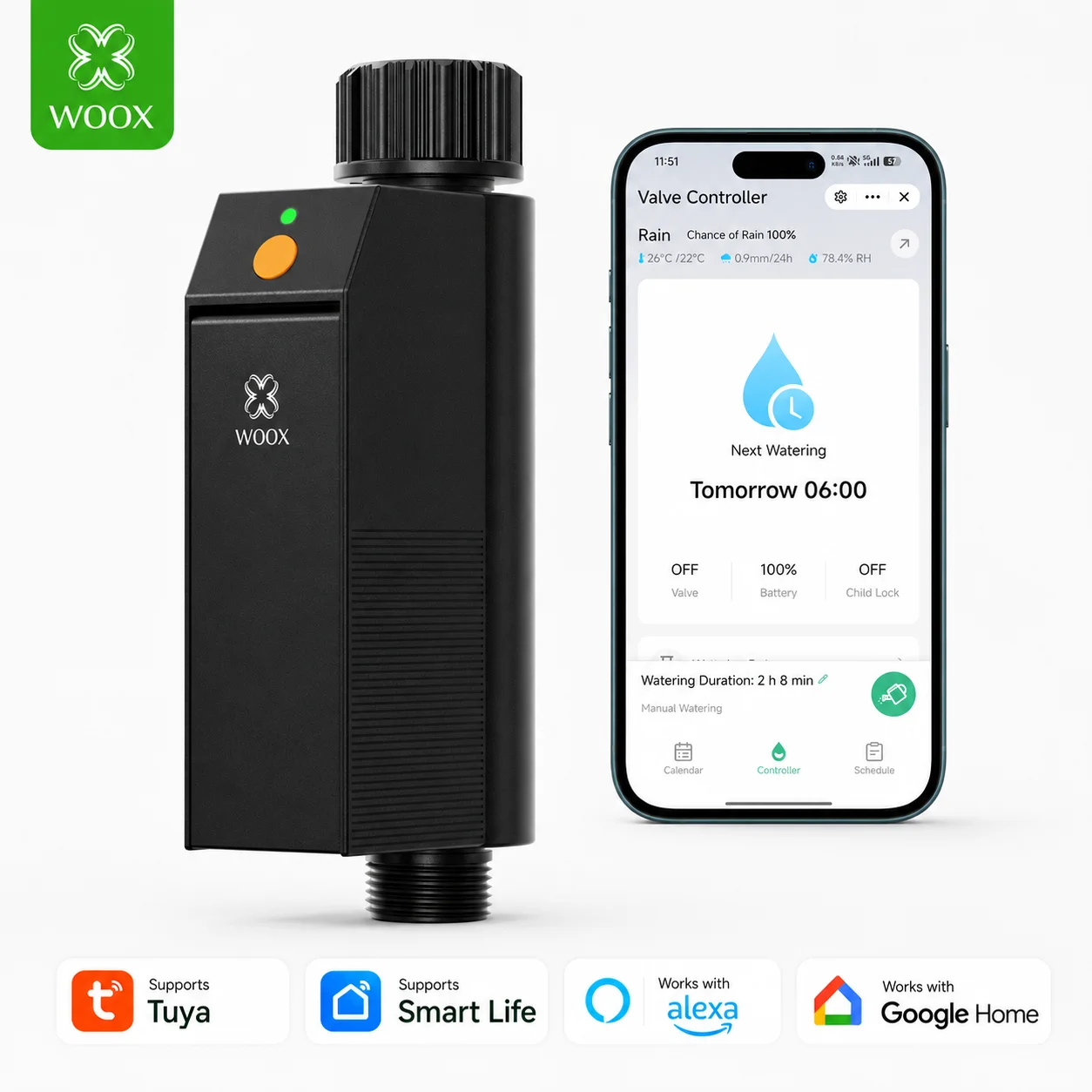 Minuteur d'irrigation intelligent Wifi Woox 2,4 GHz, contrôleur de jardin automatique, étanche IP65, sans hub, connecteur G3/4, fonction retard de pluie, mode manuel, programmation d'irrigation, compatible avec Alexa, Google Home, Smart Life et l'application Tuya