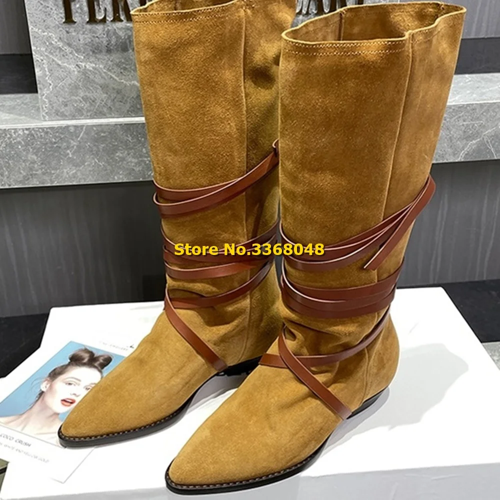 2024 Suede Knee High Boots Retro Strap Knee High Brown Beige Autumn Winter Women Shoes Pointed Toe Chunky Heel Boots