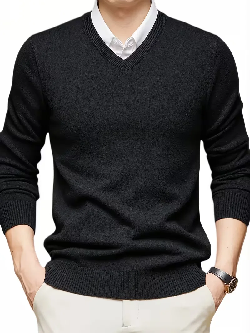New Cross-Border Men'S Solid Color V-Neck Knitted Pullover Sweater - Thickened High-Weight Warm Casual Top - Classic Design, Elastic Comfortable Fabric, Regular Versatile Style, in Autumn And Winter, High-Quality Fashionable Mature Pullover