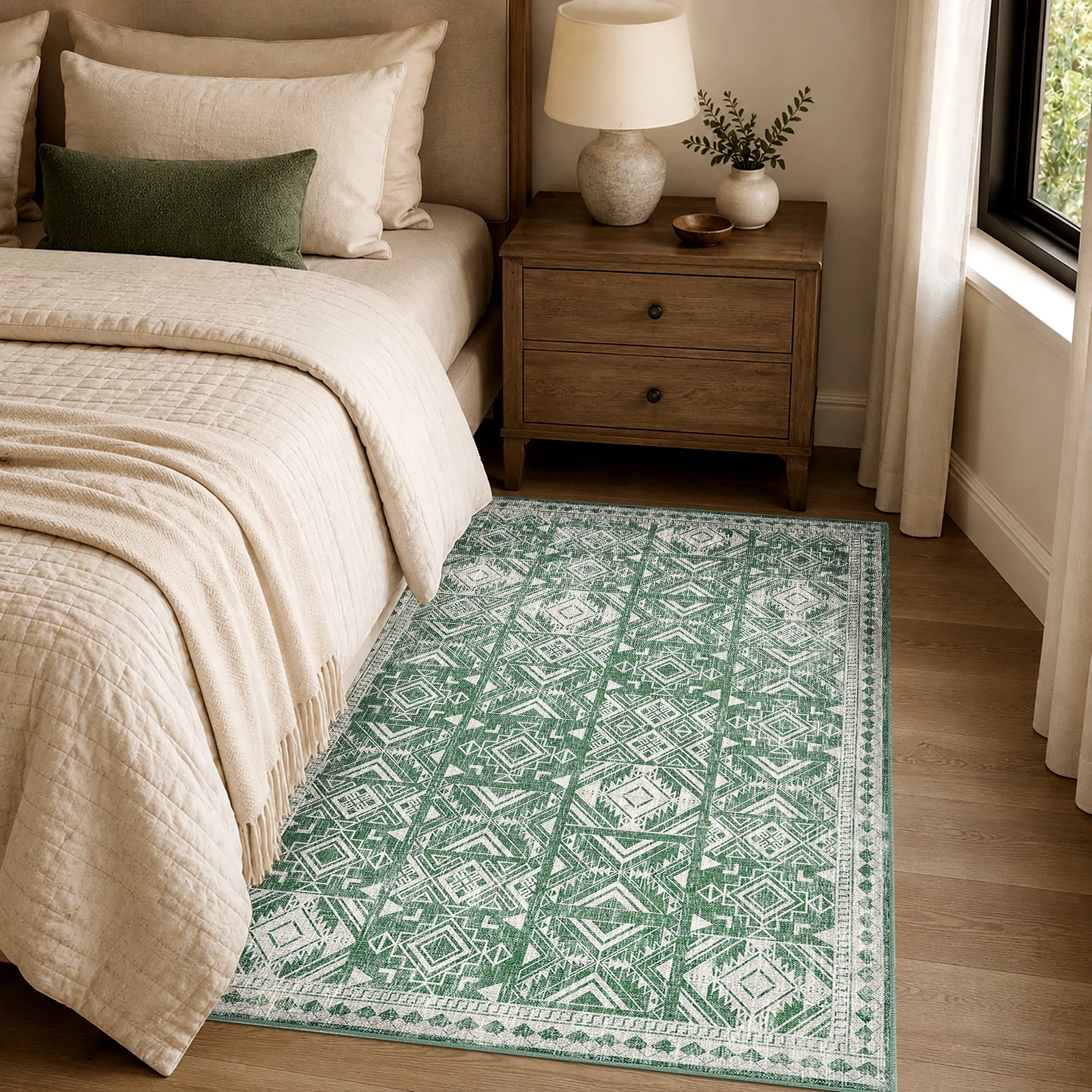 Machine Washable Area Rug Green Tribal Pattern Non-Slip Floor Carpet for Living Room Bedroom Bedside Office Home Decor